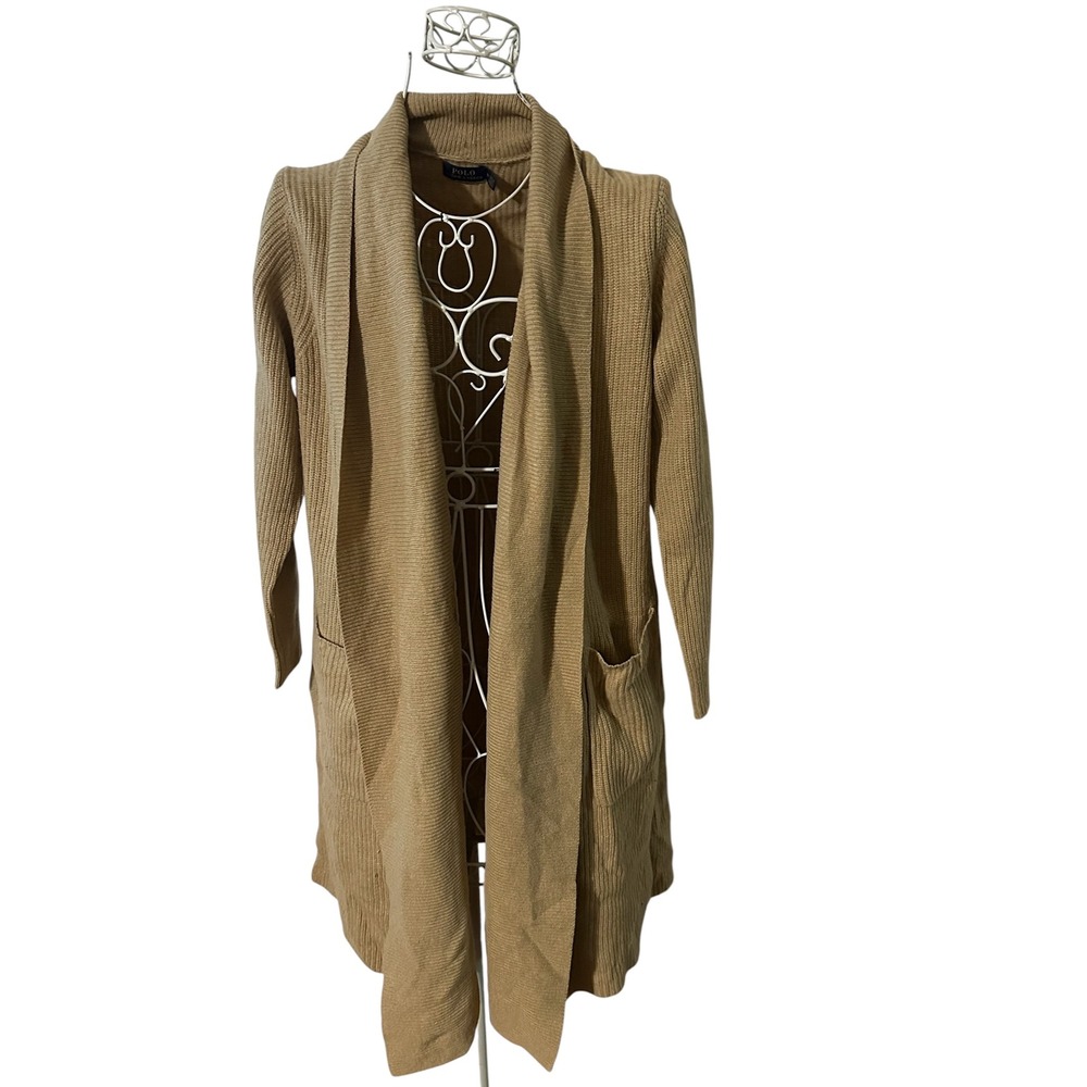 Polo Ralph Lauren Merino Wool Cashmere Ribbed Open Cardigan Camel Tan Medium